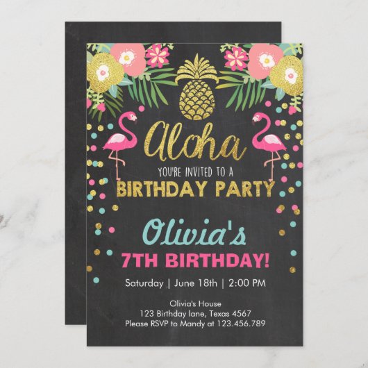 フラミンゴのパーティの招待状の熱帯誕生日のルアウ(ハワイ式宴会) 招待状 (正面/裏面)