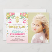 フラミンゴのパーティの招待状の熱帯誕生日のルアウ(ハワイ式宴会) 招待状 (正面)