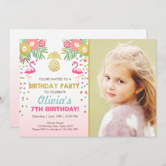 フラミンゴのパーティの招待状の熱帯誕生日のルアウ(ハワイ式宴会) 招待状 (正面/裏面)