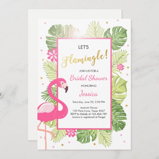 フラミンゴのパーティーの熱帯ルアウ（ハワイ式宴会）のブライダルシャワーの招待 招待状 (正面/裏面)