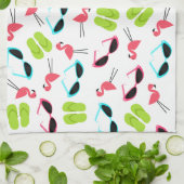 フラミンゴのビーチサンダル及びサングラスの台所タオル キッチンタオル (折り畳み)