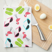 フラミンゴのビーチサンダル及びサングラスの台所タオル キッチンタオル (四つ折り)