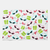 フラミンゴのビーチサンダル及びサングラスの台所タオル キッチンタオル (横)