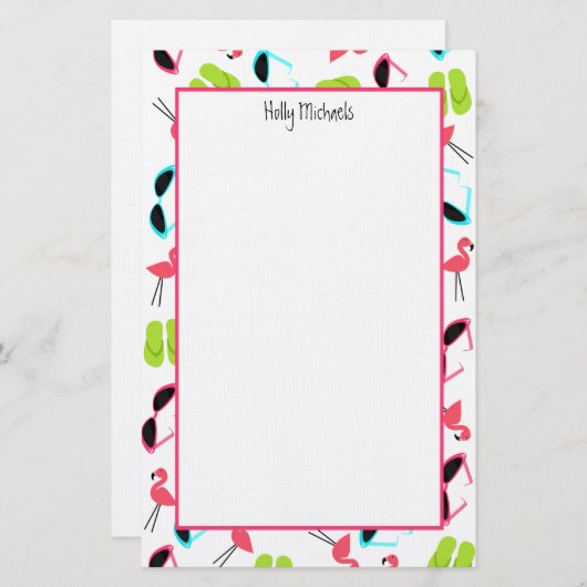 フラミンゴのビーチサンダル及びサングラスの文房具 便箋 (正面/裏面)
