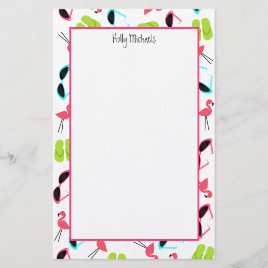 フラミンゴのビーチサンダル及びサングラスの文房具 便箋 (正面)