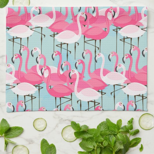 フラミンゴのピンクおよび白い群集 キッチンタオル (折り畳み)