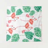 フラミンゴのファミリーが描かれたシームレスな水彩パターン タペストリー (正面(横))