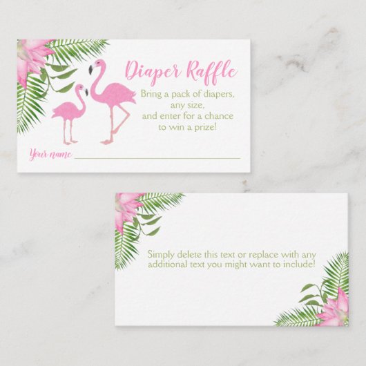 フラミンゴのベビーシャワーのおむつのラッフルのチケット プレイスカード (正面/裏面)
