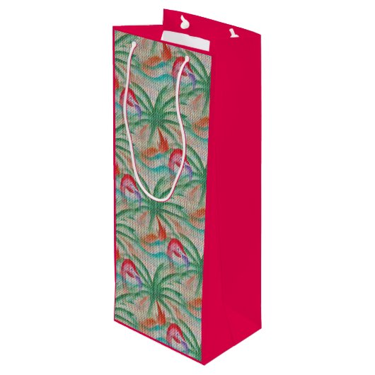 フラミンゴのヤシの木のバーラップの一見 ワインギフトバッグ (裏面アングル)