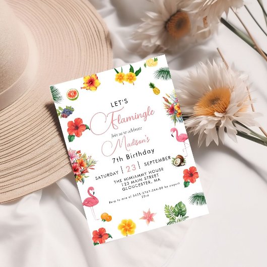 フラミンゴのルアウ フラワートロピカル サマー バースデー 招待状