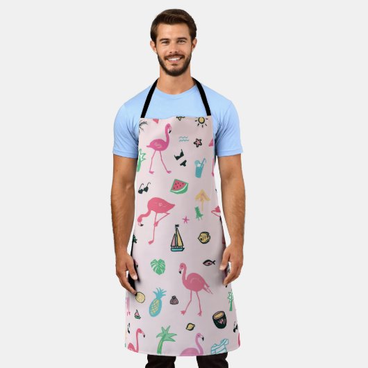 フラミンゴの夏:鮮やか鳥のパターン エプロン (着用した状態)