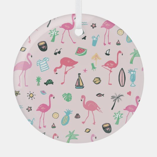 フラミンゴの夏：鮮やか鳥のパターン ガラスオーナメント (正面)
