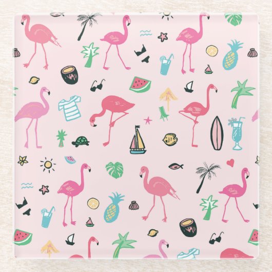 フラミンゴの夏：鮮やか鳥のパターン ガラスコースター (正面)