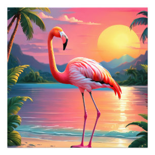 フラミンゴの夕焼けトロピカルビーチ フォトプリント           