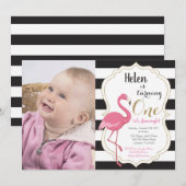 フラミンゴの女の子の1歳誕生日パーティー招待状 招待状 (正面/裏面)