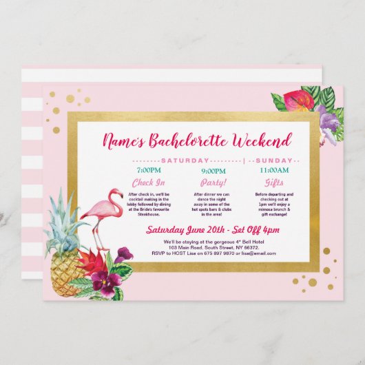 フラミンゴの旅程のバチェロレッテのブライダルシャワーのピンク 招待状 (正面/裏面)