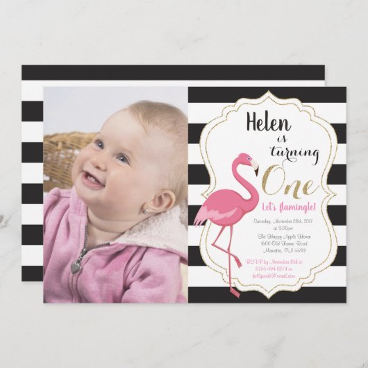 フラミンゴの最初誕生日の招待状の女の子 招待状 (正面/裏面)