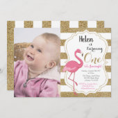 フラミンゴの最初誕生日の招待状の女の子 招待状 (正面/裏面)