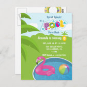 フラミンゴの浮き輪を使ったプール誕生日パーティー ポストカード (正面/裏面)