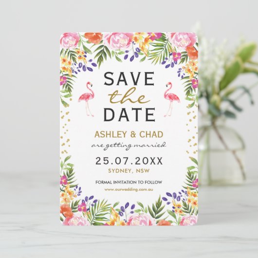 フラミンゴの熱帯花の結婚式の保存日付 セーブザデート (スタンド正面)
