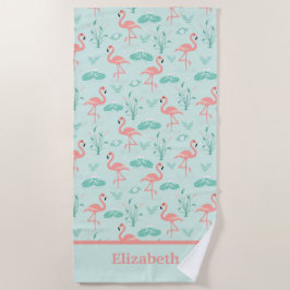 フラミンゴの熱帯鳥ピンクグリーン ビーチタオル