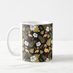 フラミンゴの継ぎ目のない模様の黄色と白の花 コーヒーマグカップ