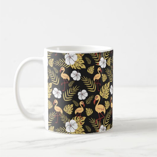 フラミンゴの継ぎ目のない模様の黄色と白の花 コーヒーマグカップ (左)