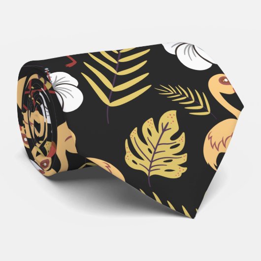 フラミンゴの継ぎ目のない模様の黄色と白の花 ネクタイ (ロール)