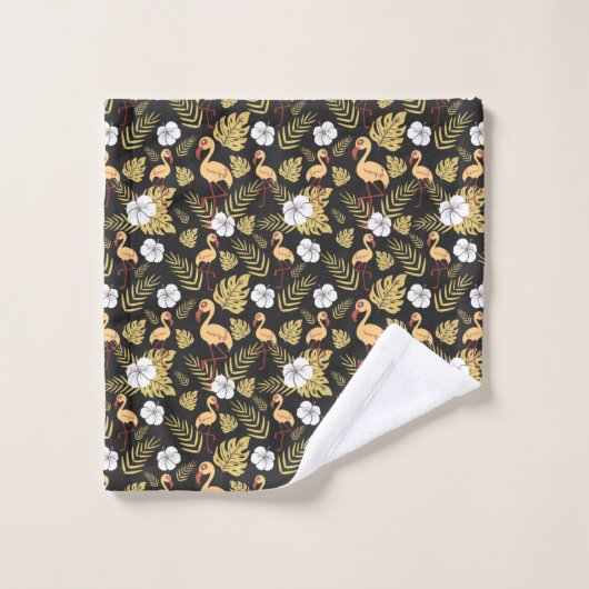 フラミンゴの継ぎ目のない模様の黄色と白の花 バスタオルセット (ウォッシュタオル)