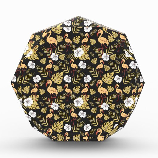 フラミンゴの継ぎ目のない模様の黄色と白の花 フォトブロック (正面)