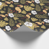 フラミンゴの継ぎ目のない模様の黄色と白の花 ラッピングペーパー (角)