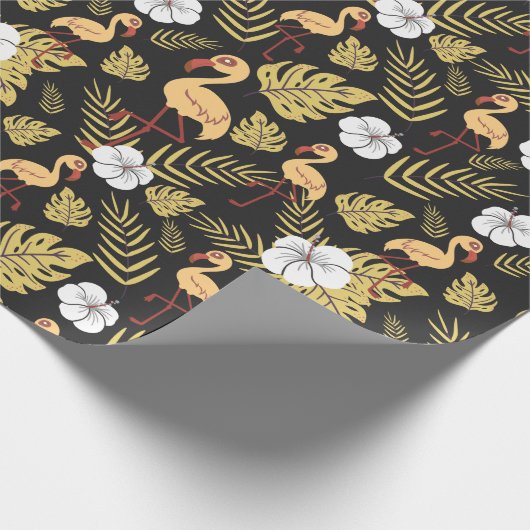 フラミンゴの継ぎ目のない模様の黄色と白の花 ラッピングペーパー (角)
