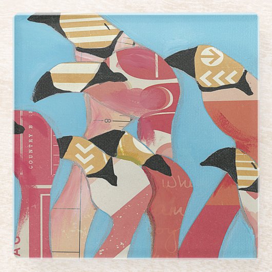 フラミンゴの群れ ガラスコースター (正面)