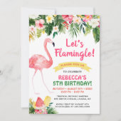 フラミンゴの花と夏の子供の誕生日パーティー 招待状 (正面)