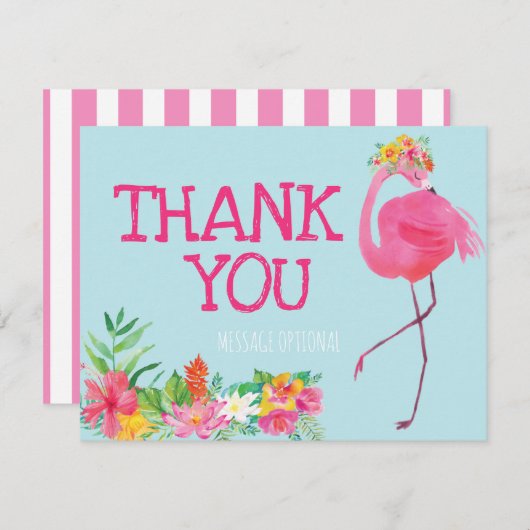 フラミンゴの誕生会のサンキューカードの夏のピンク サンキューカード (正面/裏面)