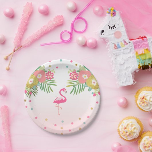 フラミンゴの誕生日の紙皿の熱帯ルアウ(ハワイ式宴会) ペーパープレート (パーティー)