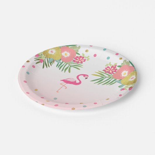 フラミンゴの誕生日の紙皿の熱帯ルアウ(ハワイ式宴会) ペーパープレート (アングル)