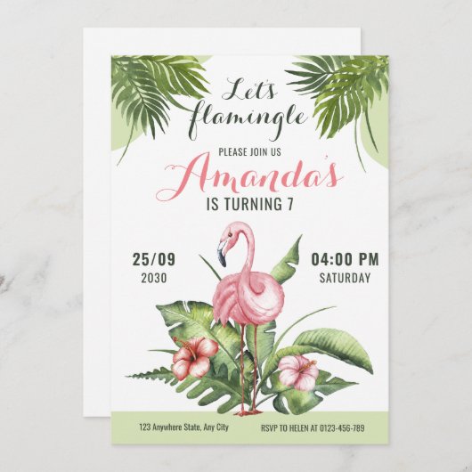 フラミンゴの誕生日パーティーの招待状レッツフラミングル 招待状 (正面/裏面)
