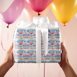 フラミンゴの誕生日ビーチパーティー ラッピングペーパー