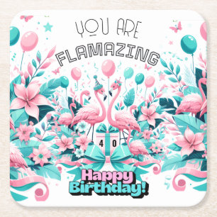 フラミンゴの誕生日用コースター スクエアペーパーコースター
