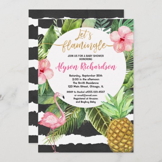 フラミンゴの赤ちゃんシャワー、ピンクの金ゴールドブラック熱帯 招待状 (正面/裏面)