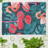 フラミンゴの鳥と熱帯の庭の水彩 キッチンタオル (折り畳み)