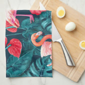 フラミンゴの鳥と熱帯の庭の水彩 キッチンタオル (四つ折り)