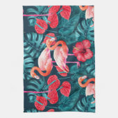 フラミンゴの鳥と熱帯の庭の水彩 キッチンタオル (縦)