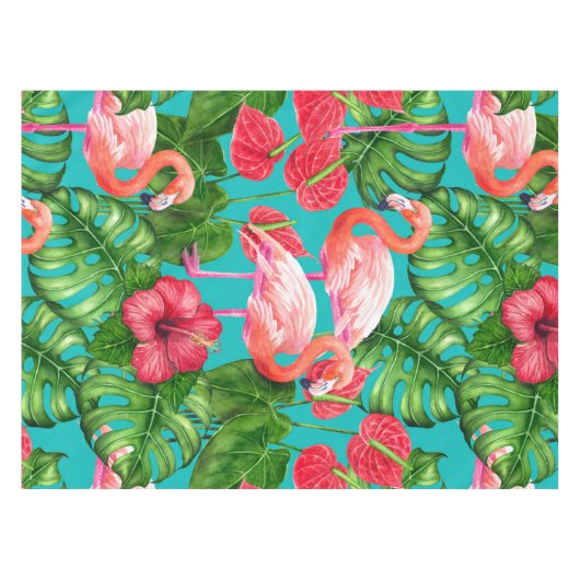 フラミンゴの鳥と熱帯の庭の水彩 テーブルクロス (正面(横))