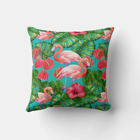 フラミンゴの鳥類と熱帯の庭水の色 クッション (裏面)