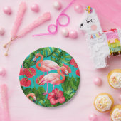 フラミンゴの鳥類と熱帯の庭水の色 ペーパープレート (パーティー)