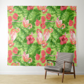 フラミンゴの鳥類と熱帯植物 タペストリー (インサイチュ(横))