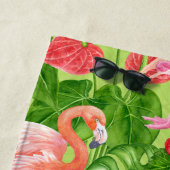 フラミンゴの鳥類と熱帯植物 ビーチタオル (インサイチュ)