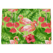 フラミンゴの鳥類と熱帯植物 ラージペーパーバッグ (正面)
